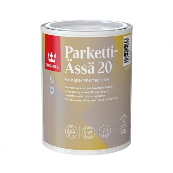Parketinis lakas TIKKURILA Parketti Assa 20, 1l pusiau blizgus Parketinis lakas TIKKURILA Parketti Assa 20, 1l pusiau blizgus