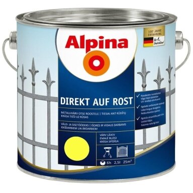 Metalo dažai ALPINA Direkt Auf Rost, 2,5l geltona sp. Metalo dažai ALPINA Direkt Auf Rost, 2,5l geltona sp.