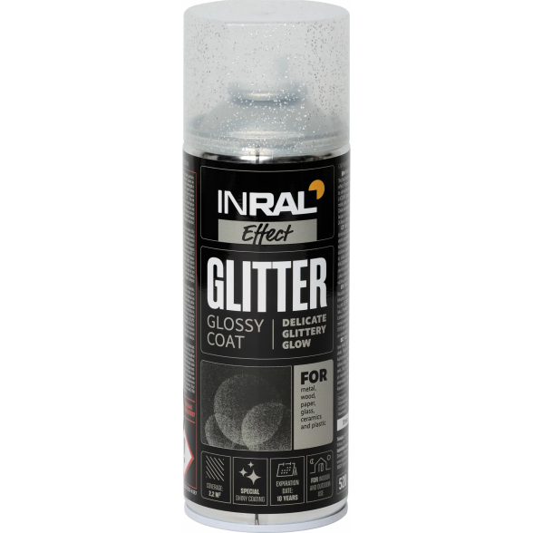 Apsauginis lakas su blizgučiais INRAL Glitter, 400ml skaidrus su sidabro sp. Apsauginis lakas su blizgučiais INRAL Glitter, 400ml skaidrus su sidabro sp.