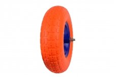 Poliuretaninis oranžinis ratas 4.00-6 raudonu disku ir ašimi G71027