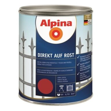 Metalo dažai ALPINA Direkt Auf Rost, 0,75l raudona sp. Metalo dažai ALPINA Direkt Auf Rost, 0,75l raudona sp.