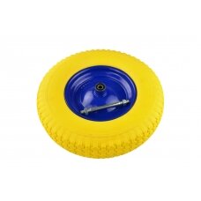 Poliuretaninis geltonas ratas 4.00-8 mėlynu disku ir ašimi G71023
