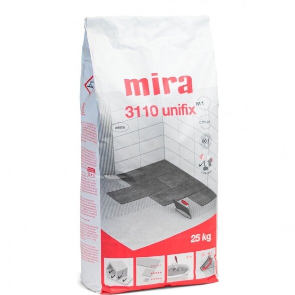 Klijai plytelėms MIRA 3110 Unifix C2TE S1, 25kg balta sp. Klijai plytelėms MIRA 3110 Unifix C2TE S1, 25kg balta sp.