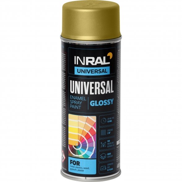 Aerozoliniai dažai INRAL Universal, 400ml aukso sp. Aerozoliniai dažai INRAL Universal, 400ml aukso sp.