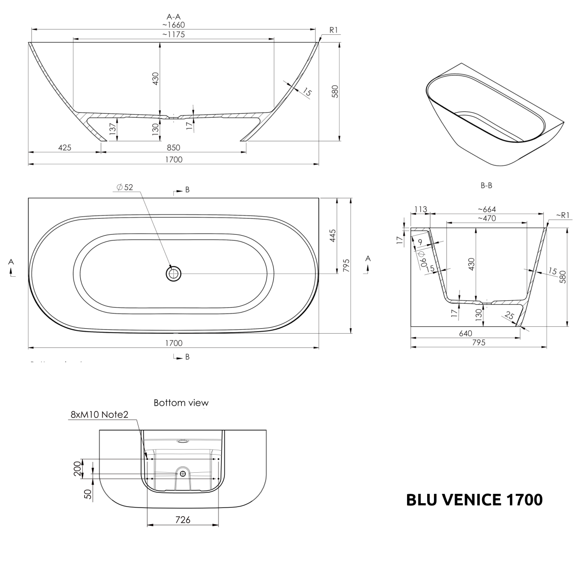 Akmens masės vonia BLU Venice, 1700x800mm 2