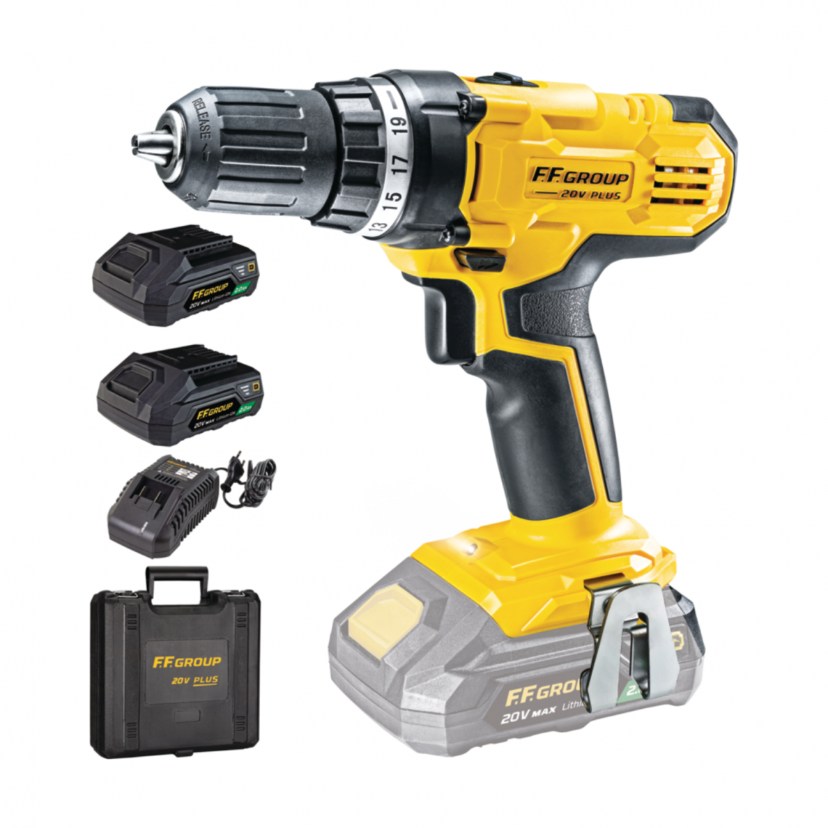 Akumuliatorinis suktuvas-gręžtuvas FF GROUP CDD/40 20V Plus, 2x2,0Ah su dėklu Akumuliatorinis suktuvas-gręžtuvas FF GROUP CDD/40 20V Plus, 2x2,0Ah su dėklu