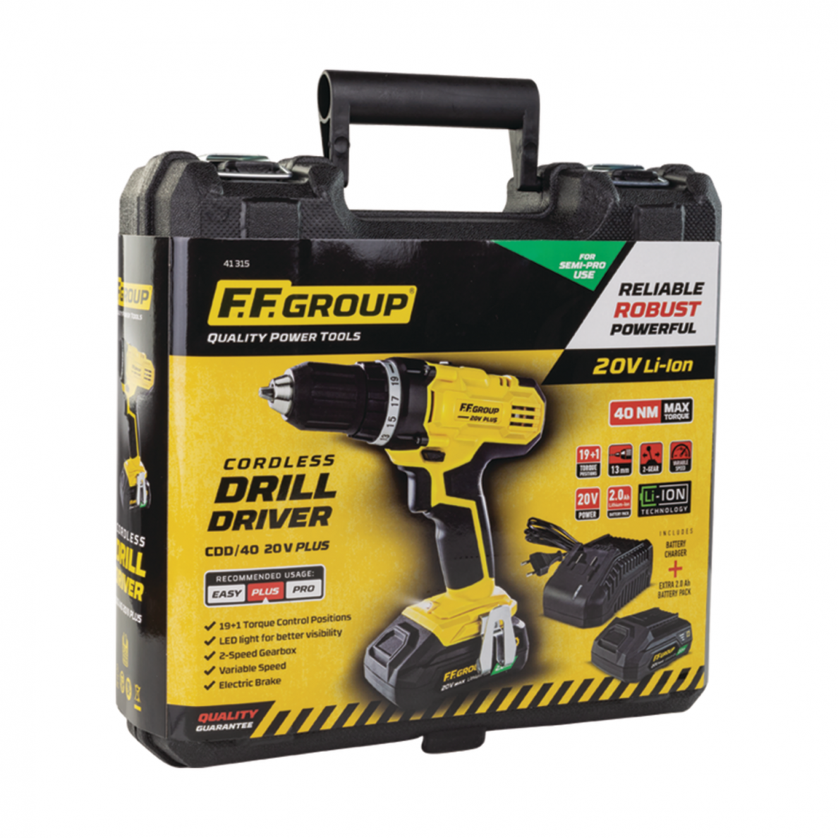 Akumuliatorinis suktuvas-gręžtuvas FF GROUP CDD/40 20V Plus, 2x2,0Ah su dėklu 5 Akumuliatorinis suktuvas-gręžtuvas FF GROUP CDD/40 20V Plus, 2x2,0Ah su dėklu 5