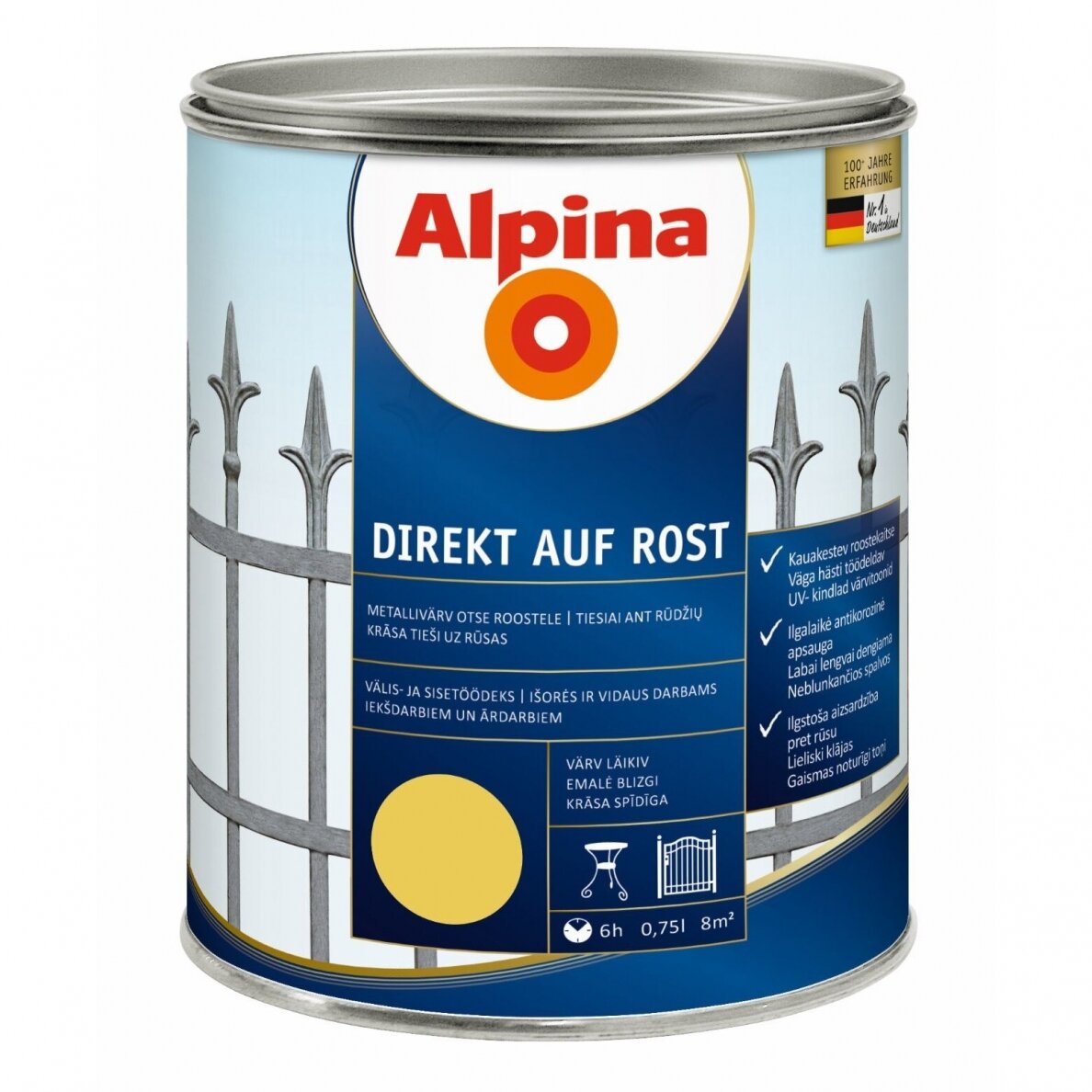 Metalo dažai ALPINA Direkt Auf Rost, 750ml geltona sp. Metalo dažai ALPINA Direkt Auf Rost, 750ml geltona sp.