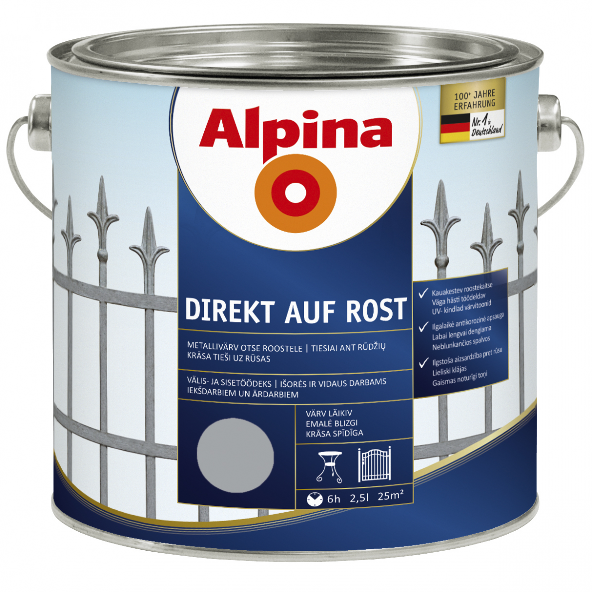Metalo dažai ALPINA Direkt Auf Rost, 2,5l šviesiai pilka sp. Metalo dažai ALPINA Direkt Auf Rost, 2,5l šviesiai pilka sp.