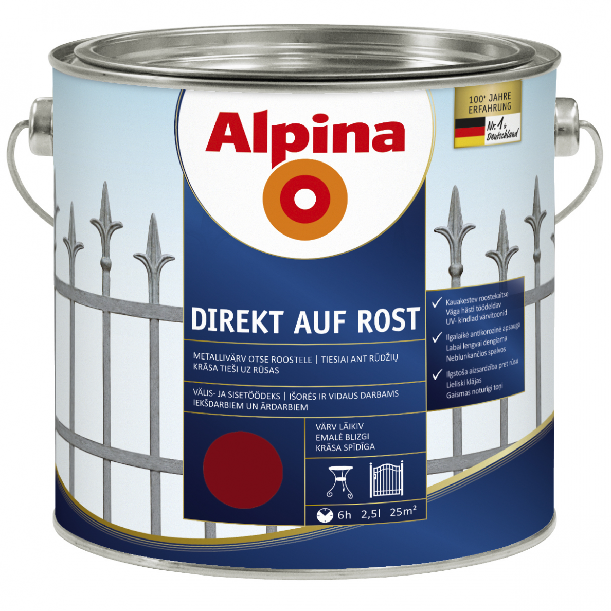 Metalo dažai ALPINA Direkt Auf Rost, 2,5l vyno raudona sp. Metalo dažai ALPINA Direkt Auf Rost, 2,5l vyno raudona sp.