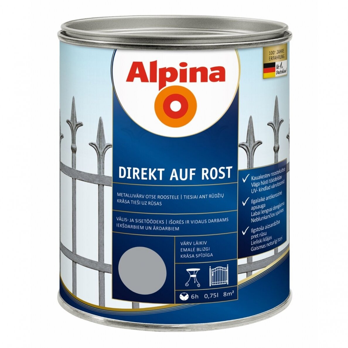 Metalo dažai ALPINA Direkt Auf Rost, 750ml šviesiai pilka sp. Metalo dažai ALPINA Direkt Auf Rost, 750ml šviesiai pilka sp.