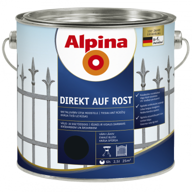 Metalo dažai ALPINA Direkt Auf Rost, 2,5l juoda sp. Metalo dažai ALPINA Direkt Auf Rost, 2,5l juoda sp.