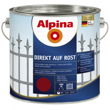 Metalo dažai ALPINA Direkt Auf Rost, 2,5l vyno raudona sp. Metalo dažai ALPINA Direkt Auf Rost, 2,5l vyno raudona sp.