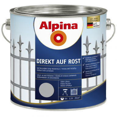Metalo dažai ALPINA Direkt Auf Rost, 2,5l sidabro sp. Metalo dažai ALPINA Direkt Auf Rost, 2,5l sidabro sp.