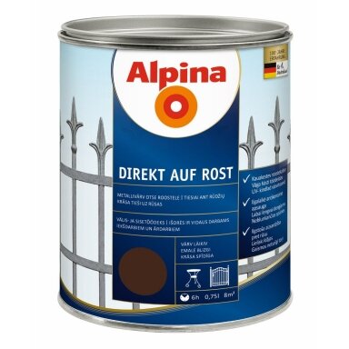 Metalo dažai ALPINA Direkt Auf Rost, 750ml šokoladinė sp. Metalo dažai ALPINA Direkt Auf Rost, 750ml šokoladinė sp.