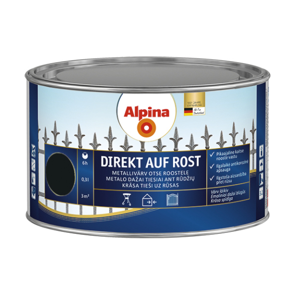 Metalo dažai ALPINA Direkt Auf Rost, 300ml juoda sp. Metalo dažai ALPINA Direkt Auf Rost, 300ml juoda sp.