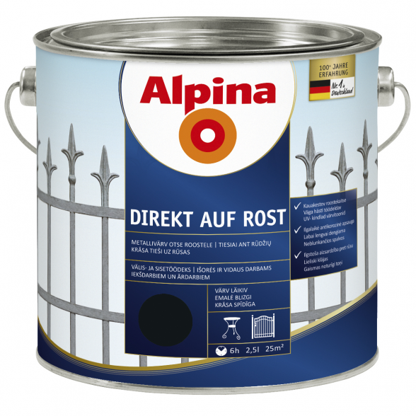 Metalo dažai ALPINA Direkt Auf Rost, 2,5l juoda sp. Metalo dažai ALPINA Direkt Auf Rost, 2,5l juoda sp.