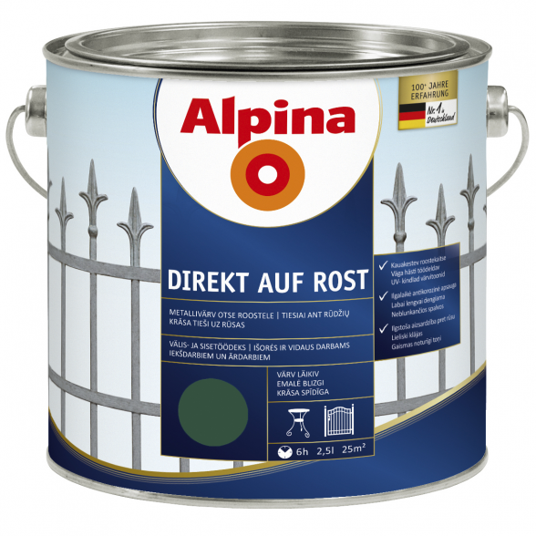 Metalo dažai ALPINA Direkt Auf Rost, 2,5l žalia sp. Metalo dažai ALPINA Direkt Auf Rost, 2,5l žalia sp.