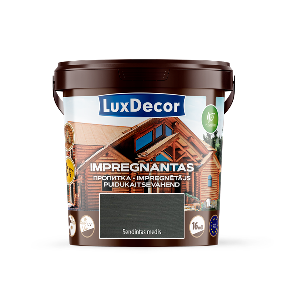 Dekoratyvins medienos impregnantas LUXDECOR, 1l sendinto medžio sp. Dekoratyvins medienos impregnantas LUXDECOR, 1l sendinto medžio sp.
