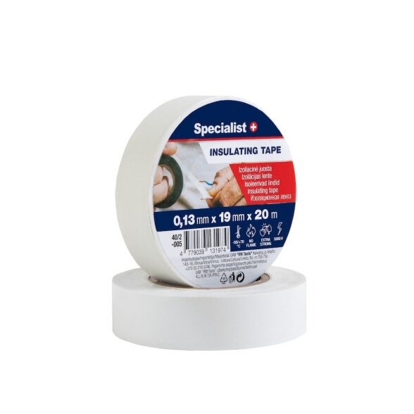 Izoliacinė juosta SPECIALIST+, 19mm 20m balta sp. Izoliacinė juosta SPECIALIST+, 19mm 20m balta sp.