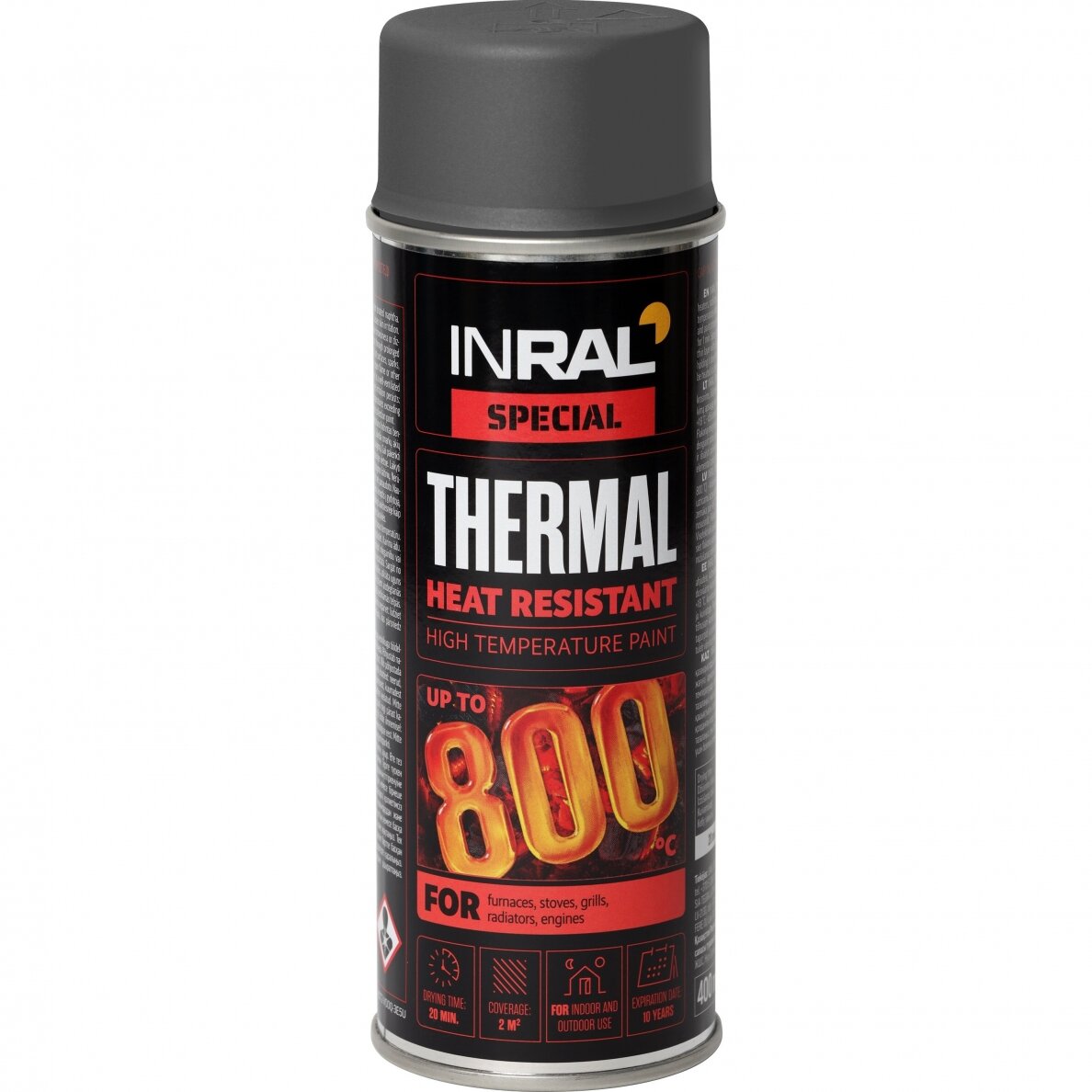 Karščiui atsparūs aerozoliniai dažai INRAL Thermal, 400ml pilka sp. RAL7016