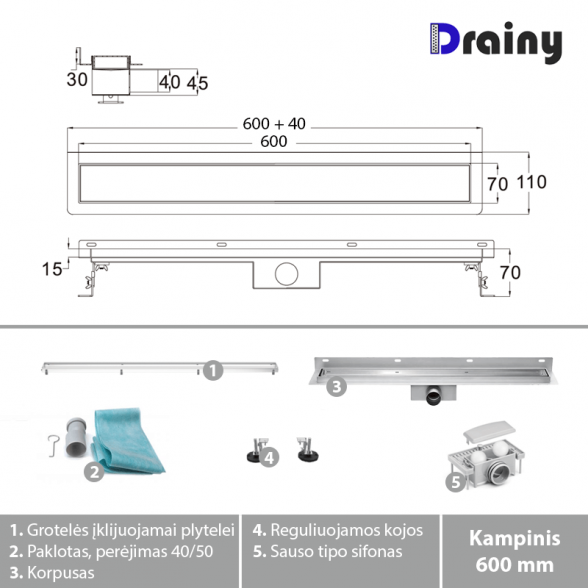 Kampinis dušo latakas DRAINY Tile insert, 60cm 4