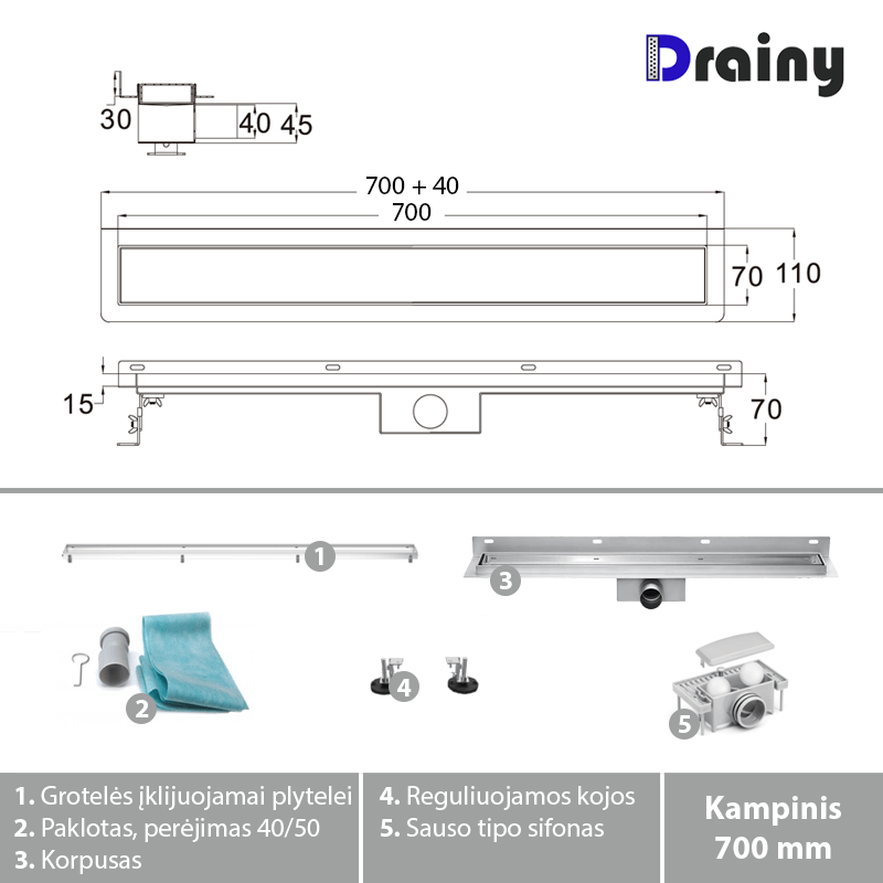 Kampinis dušo latakas DRAINY Tile insert, 70cm 4 Kampinis dušo latakas DRAINY Tile insert, 70cm 4