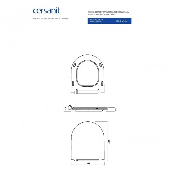 Klozeto dangtis CERSANIT Crea Oval Slim, balta sp. 2 Klozeto dangtis CERSANIT Crea Oval Slim, balta sp. 2