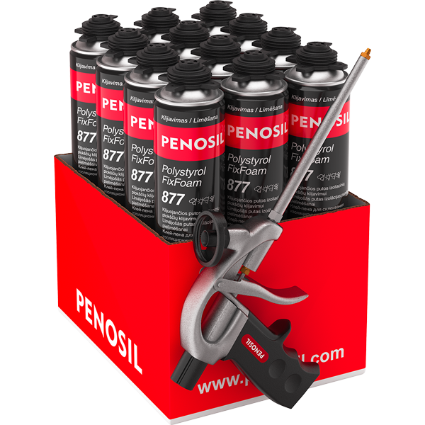 Klijuojančios putos 12vnt ir pistoletas PENOSIL Premium Polystyrol Fix 877, 750ml Klijuojančios putos 12vnt ir pistoletas PENOSIL Premium Polystyrol Fix 877, 750ml