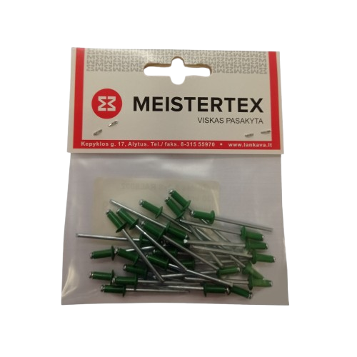 Kniedės MEISTERTEX RAL6002, 3,2x8 30vnt Kniedės MEISTERTEX RAL6002, 3,2x8 30vnt
