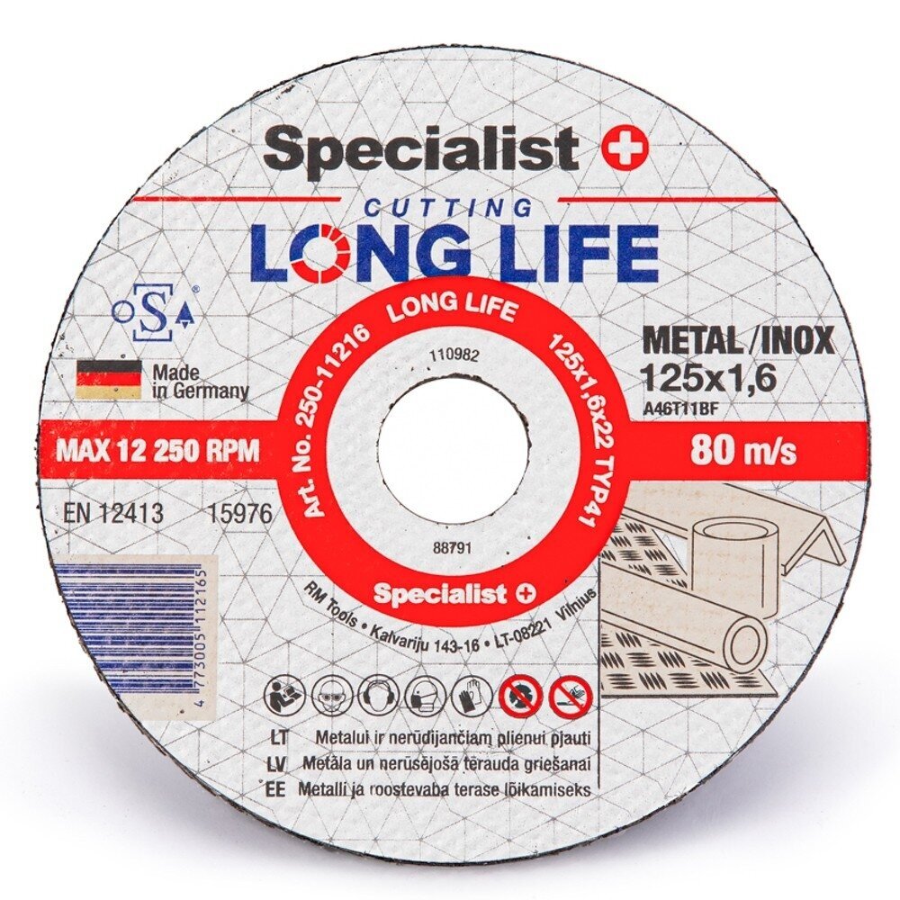 Metalo pjovimo diskas SPECIALIST+ Long Life, 125x1,6x22mm Metalo pjovimo diskas SPECIALIST+ Long Life, 125x1,6x22mm