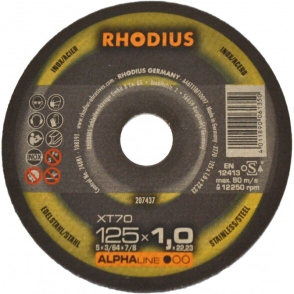 Metalo pjovimo diskas RHODIUS XT70, 125x1x22,23mm Metalo pjovimo diskas RHODIUS XT70, 125x1x22,23mm