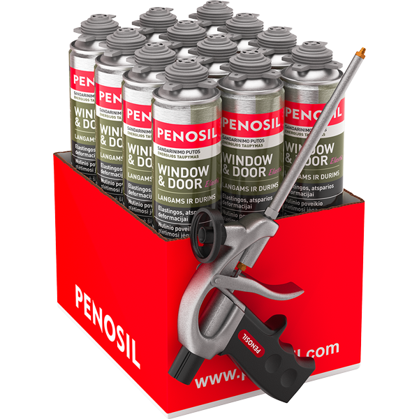 Langų ir durų pistoletinės sandarinimo putos 12vnt ir pistoletas PENOSIL Wndow&Door, 750ml Langų ir durų pistoletinės sandarinimo putos 12vnt ir pistoletas PENOSIL Wndow&Door, 750ml