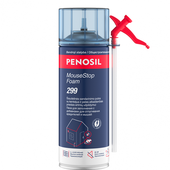 Sandarinimo putos su kenkėjus ir peles atbaidančiais priedais PENOSIL MouseStop Foam 299, 365ml Sandarinimo putos su kenkėjus ir peles atbaidančiais priedais PENOSIL MouseStop Foam 299, 365ml