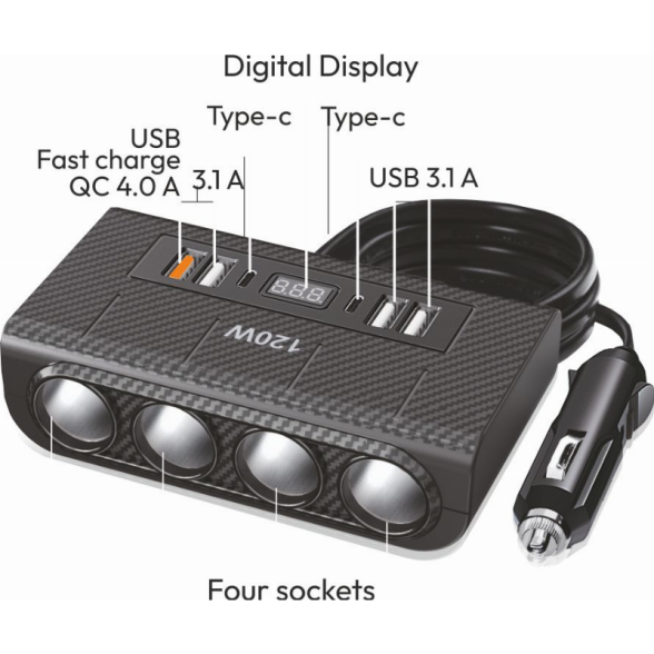 Skirstytuvas 4 lizdų (4 USB, 2 Type-C) su voltmetru 12/24V 1 Skirstytuvas 4 lizdų (4 USB, 2 Type-C) su voltmetru 12/24V 1