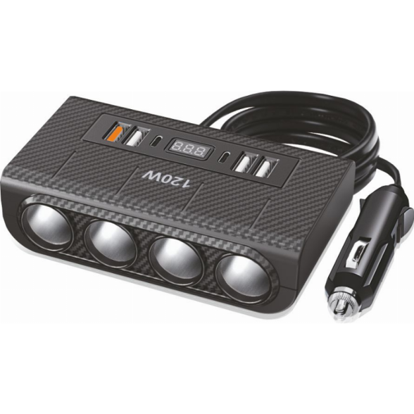 Skirstytuvas 4 lizdų (4 USB, 2 Type-C) su voltmetru 12/24V Skirstytuvas 4 lizdų (4 USB, 2 Type-C) su voltmetru 12/24V