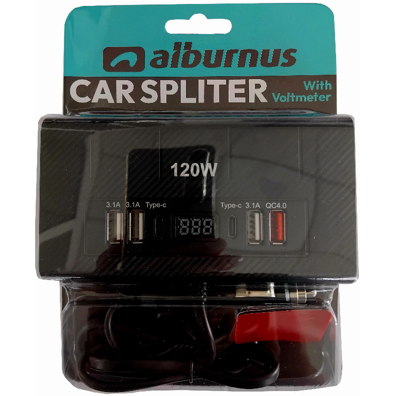 Skirstytuvas 4 lizdų (4 USB, 2 Type-C) su voltmetru 12/24V 2