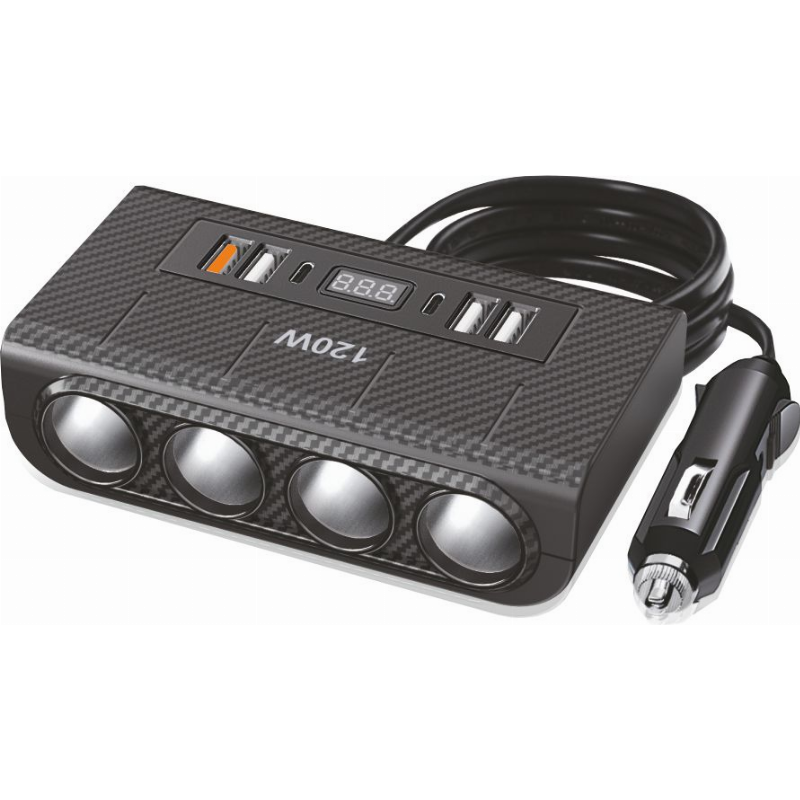 Skirstytuvas 4 lizdų (4 USB, 2 Type-C) su voltmetru 12/24V Skirstytuvas 4 lizdų (4 USB, 2 Type-C) su voltmetru 12/24V
