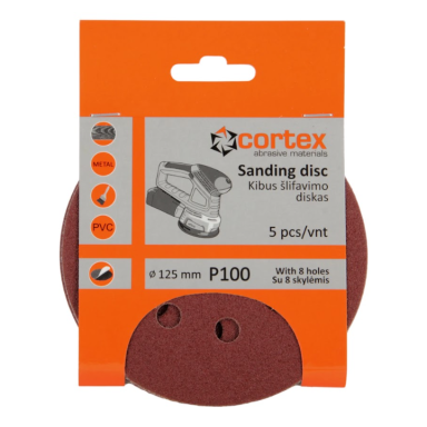 Šlifavimo diskelis CORTEX P100 8 skylės, 125mm 5vnt.