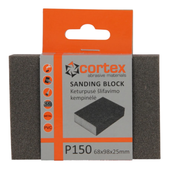 Šlifavimo kempinėlė CORTEX P150, 68x98x25mm pilka sp. Šlifavimo kempinėlė CORTEX P150, 68x98x25mm pilka sp.