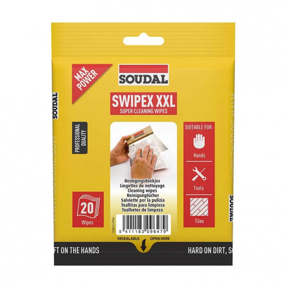 Drėgnos servetėlės SOUDAL Swipex 20 XXL, 20vnt Drėgnos servetėlės SOUDAL Swipex 20 XXL, 20vnt