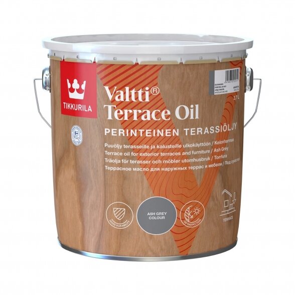 Tirpiklinis medienos aliejus TIKKURILA Valtti Terrace Oil, 2,7l pilka sp. Tirpiklinis medienos aliejus TIKKURILA Valtti Terrace Oil, 2,7l pilka sp.